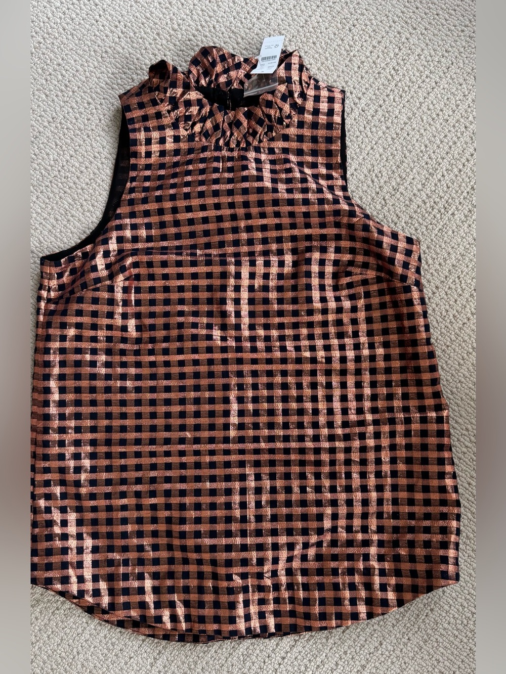 J Crew Crinkle Gingham Ruffle Neck Top NWT